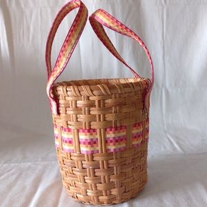 Vintage Woven   & Fabric Natural Boho Basket 7"H.   7" Diameter Basket